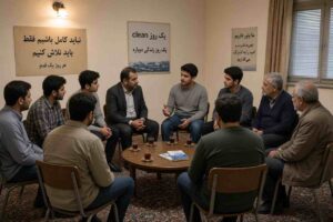 جلسات ۱۲ قدم معتادان گمنام در کمپ ترک اعتیاد